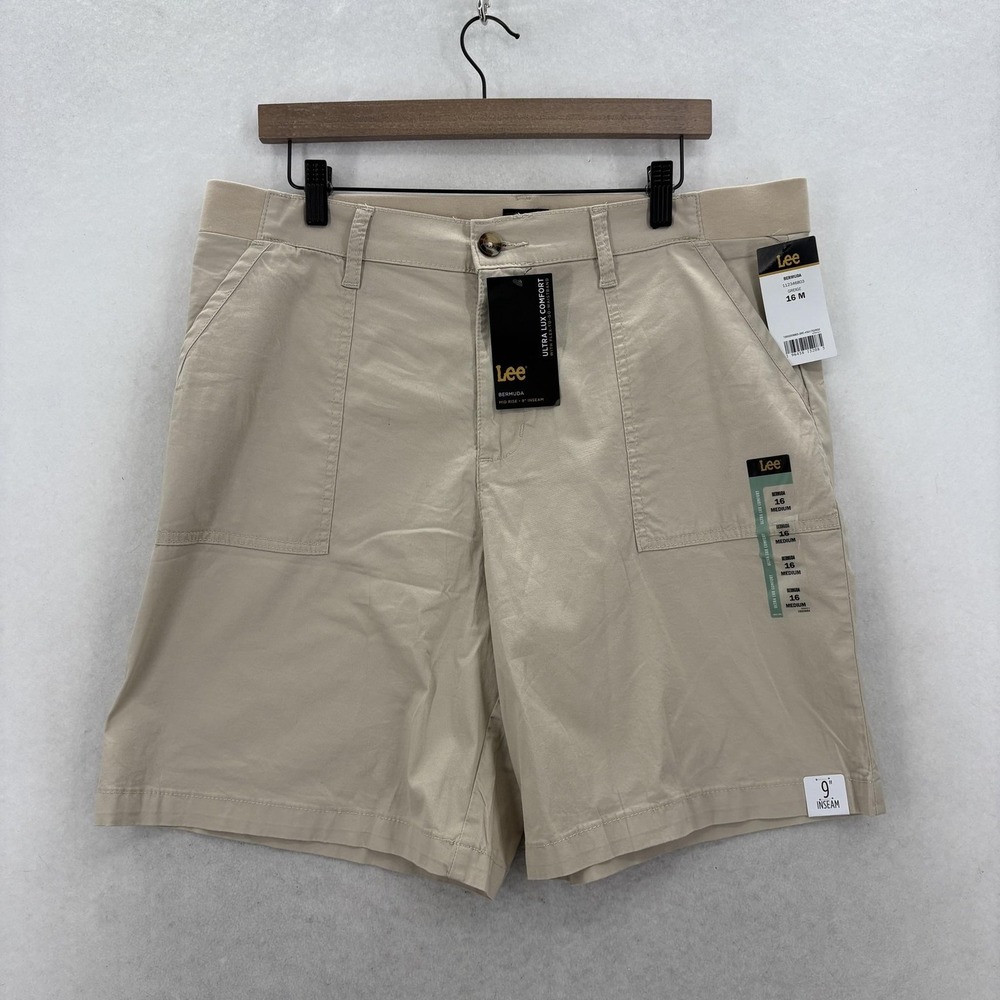 Lee Bermuda 9" Shorts Womens 16 Beige Twill Mid Rise Stretch Comfort Waist NWT